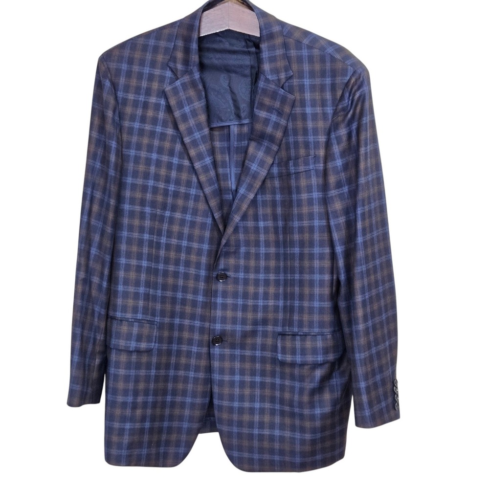 Robert Talbott Sport Coat 44T Blue Brown Plaid Carmel Unstructured Blazer 2002